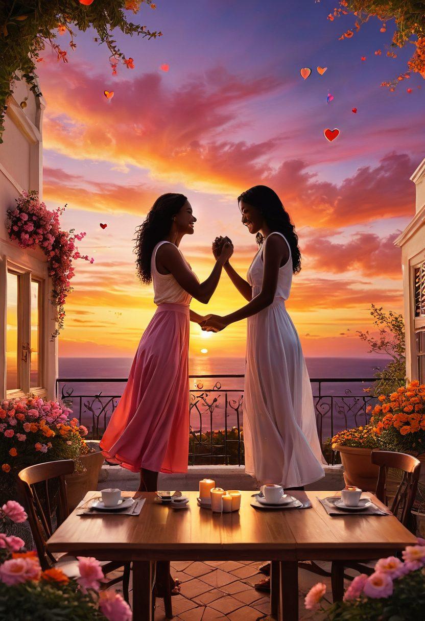A romantic scene depicting diverse couples sharing joyful moments, surrounded by symbols of connection like hearts and interlinked hands. The backdrop features a beautiful sunset, symbolizing hope and new beginnings in love. Include elements like flowers or a cozy café setting to evoke warmth and intimacy. super-realistic. vibrant colors. soft focus.