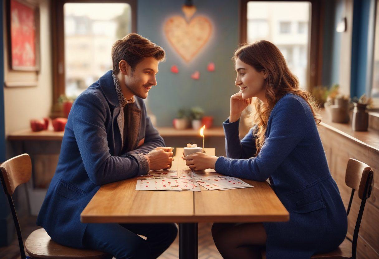 A warm and inviting scene featuring two people sitting at a café, deeply engaged in conversation, with their body language showing connection and understanding. In the background, soft heart-shaped decorations and a small table with two coffees create an intimate atmosphere. Subtle hints of matchmaking elements like a game of cards with hearts and a blueprint-like overlay symbolize planning. Use vibrant colors to evoke warmth and positivity. super-realistic. vibrant colors. soft focus.
