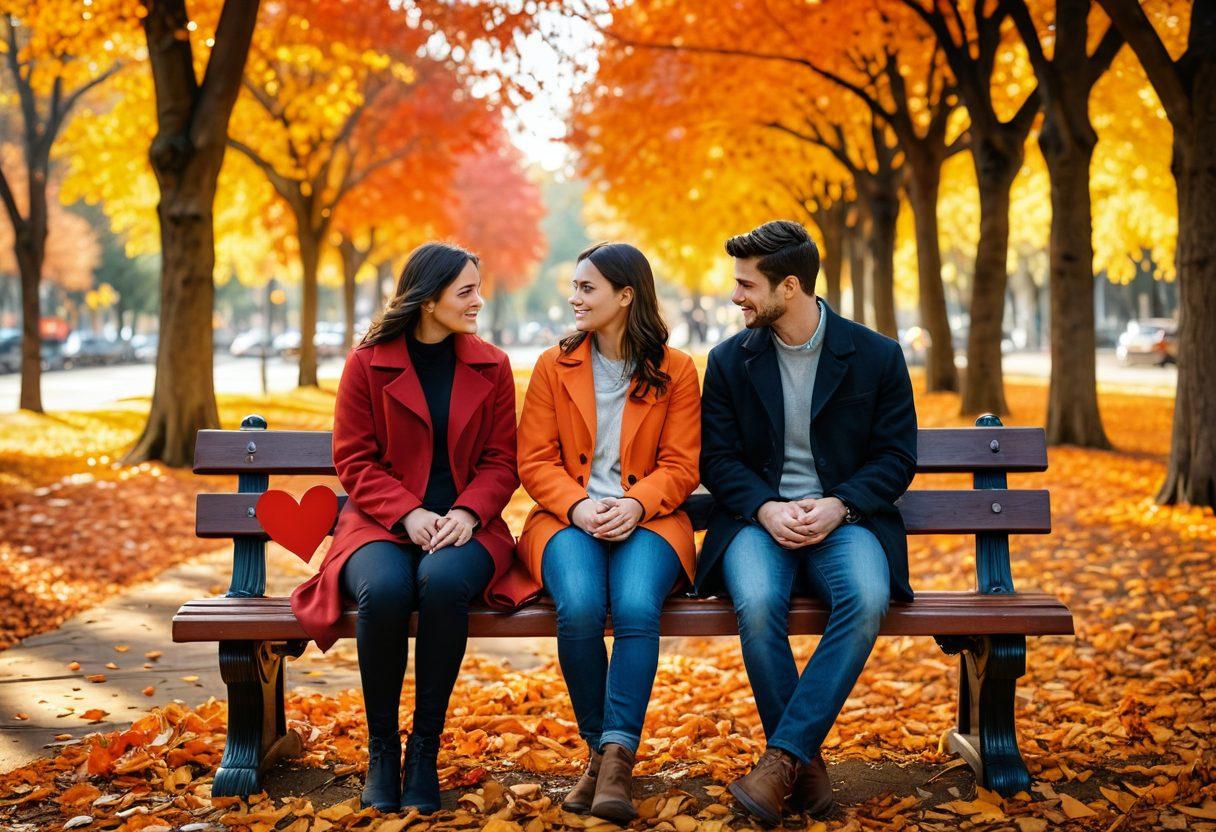 A couple sitting on a park bench, deeply engaged in conversation, surrounded by vibrant autumn leaves, symbolizing the journey of dating. In the background, a series of hearts and symbolic icons representing modern dating apps floating above. Soft sunlight filtering through the trees, creating a warm glow around them, emphasizing connection and intimacy. warm colors, romantic atmosphere, digitally painted.